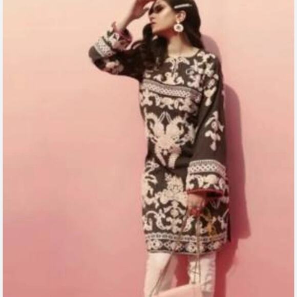 Sana Safinaz Floral Embroidered Tunic Midi Dress - Dark Grey - Size M - Picture 2 of 12